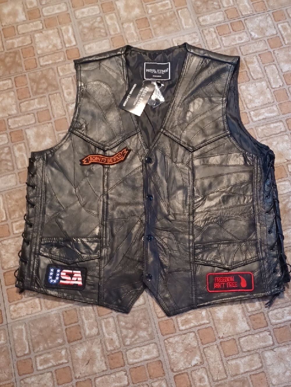 Rebel Rider Men’s Black Leather Patch Biker Vest Size Xlarge